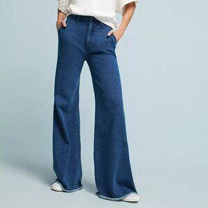 Anthropologie denim effect trousers pants jeans knit stretch wide leg flare 31